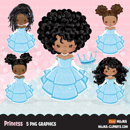 Black Princess clipart, fairy tale graphics, girls story book, blue princess dress, commercial use clip art