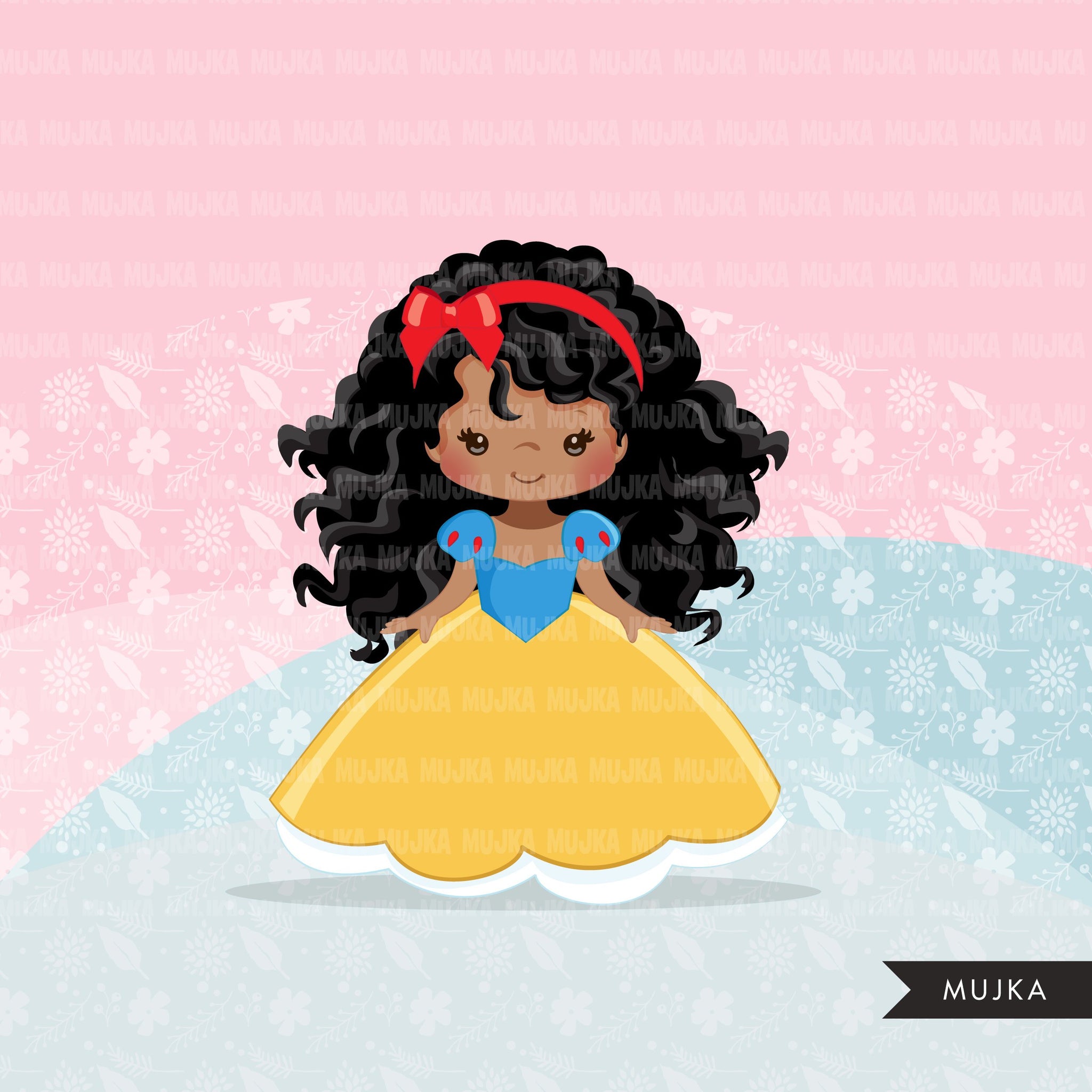 Black Princess clipart, fairy tale graphics, girls story book, red, blue, yellow princess dress, personal use clip art
