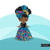 Avatar de clipart de garota negra, saia envoltória de cabelo com estampa floral azul amarelo de Ancara, tecido africano, gráficos de história negra clipart de garota afro PNG