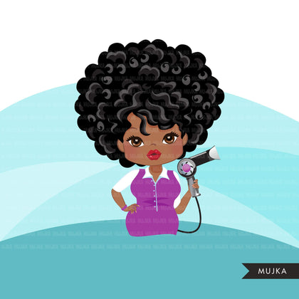 Hair stylist black woman clipart avatar with hairdryer, print and cut, shop logo boss afro hairdresser clip art graphics