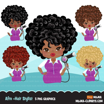 Hair stylist black woman clipart avatar with hairdryer, print and cut, shop logo boss afro hairdresser clip art graphics