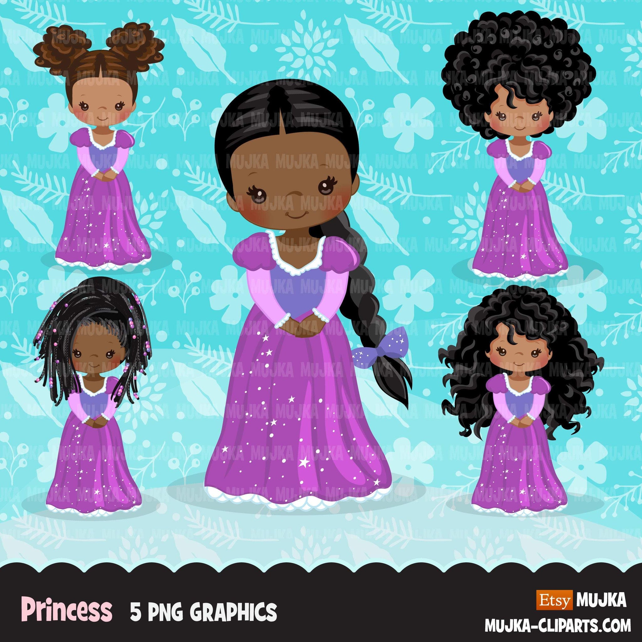 Clipart de princesa negra, gráficos de contos de fadas, livro de histórias para meninas, vestido de princesa roxo, clipart de uso comercial