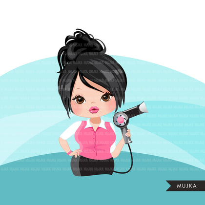 Hair stylist woman clipart avatar with hairdryer, print and cut, shop logo boss hairdresser clip art graphics