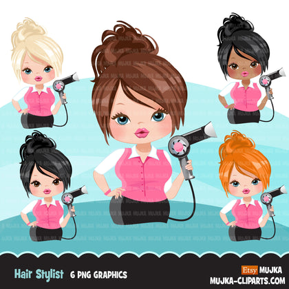 Hair stylist woman clipart avatar with hairdryer, print and cut, shop logo boss hairdresser clip art graphics