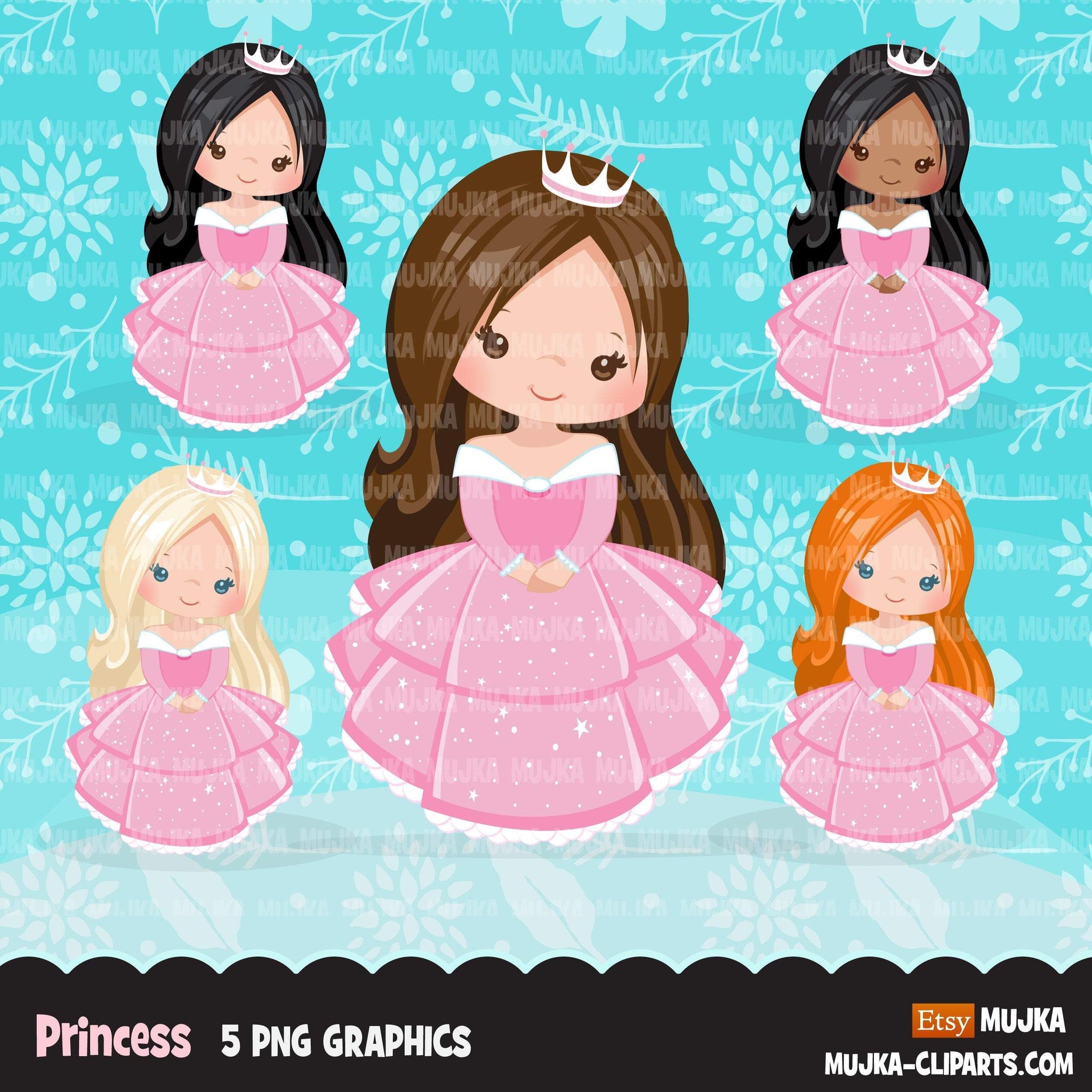 Clipart de princesa, gráficos de contos de fadas, livro de histórias para meninas, vestido de princesa rosa, clipart de uso comercial