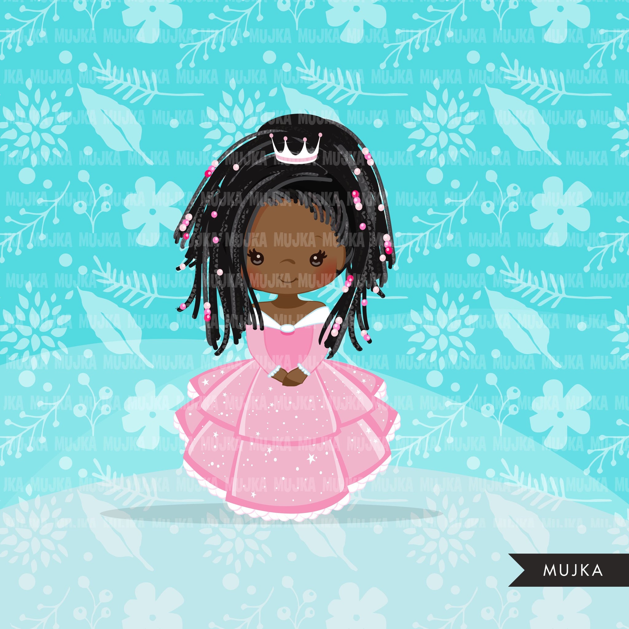 Black Princess clipart, fairy tale graphics, girls story book, pink princess dress, commercial use clip art