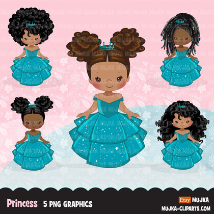 Black Princess clipart, fairy tale graphics, girls story book, teal princess dress, commercial use clip art