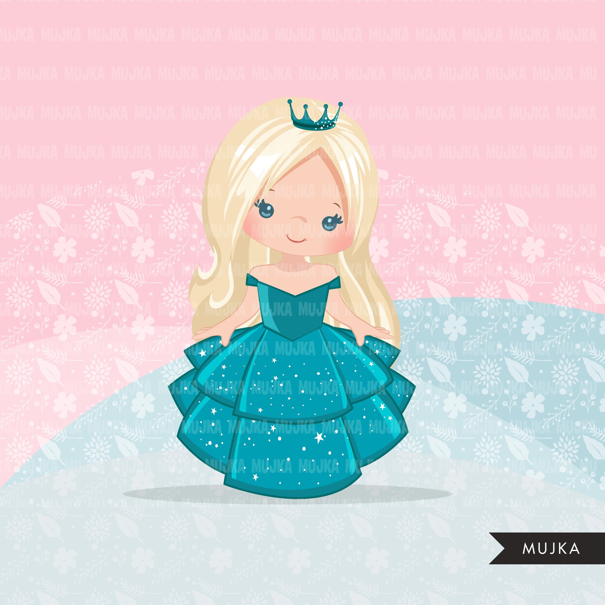 Princess clipart, fairy tale graphics, girls story book, teal princess dress, commercial use clip art