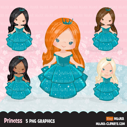 Princess clipart, fairy tale graphics, girls story book, teal princess dress, commercial use clip art