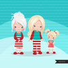 Christmas Pajama family clipart, portraits, mom, dad, grandparents, baby, kids blonde graphics, striped commercial use PNG