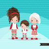 Christmas Pajama family clipart, portraits, mom, dad, grandparents, baby, kids brunette graphics, commercial use PNG