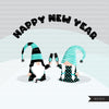 Gnome Clipart, happy New year graphics, celebrating gnomes, balloons, champagne png commercial use teal black