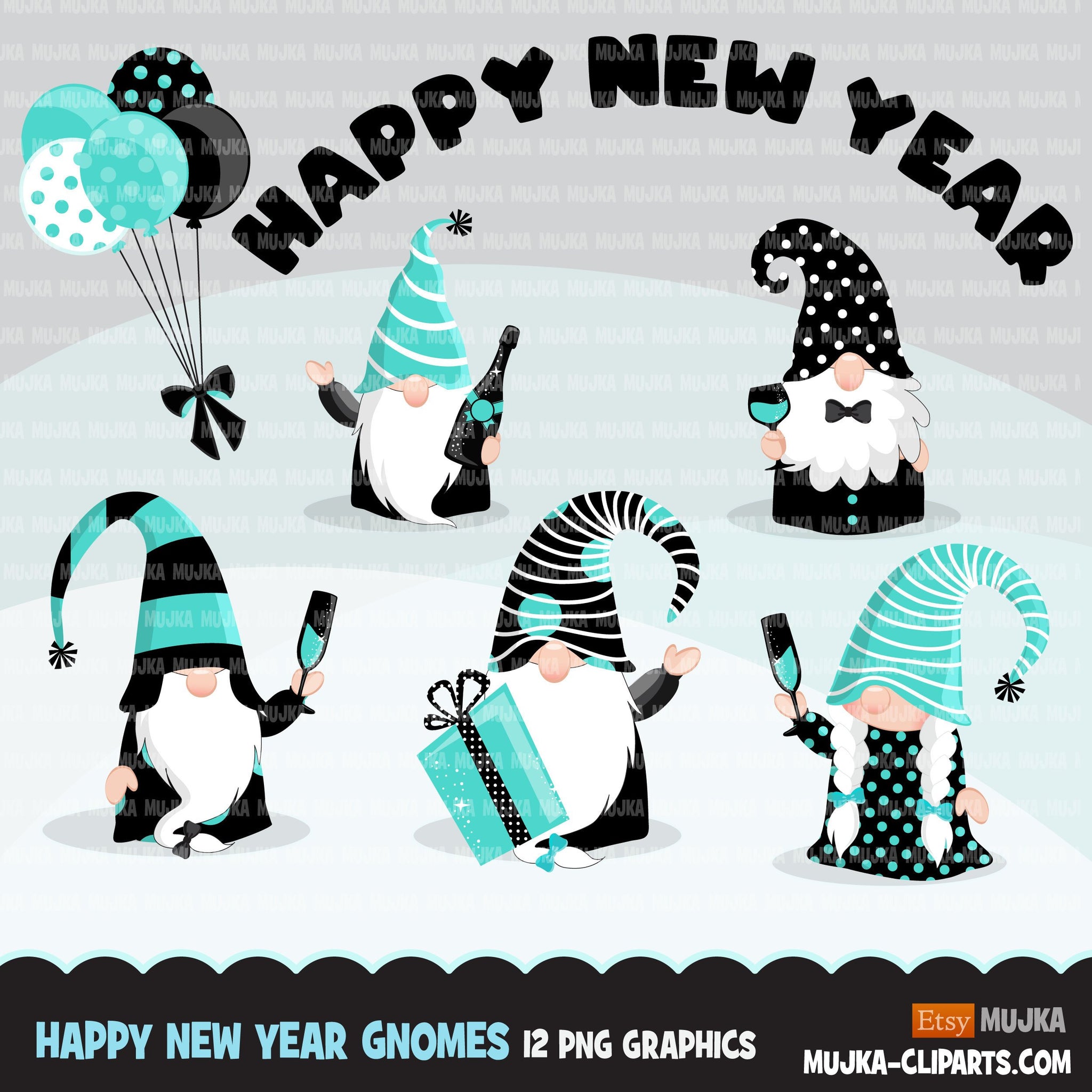 Gnome Clipart, happy New year graphics, celebrating gnomes, balloons, champagne png commercial use teal black