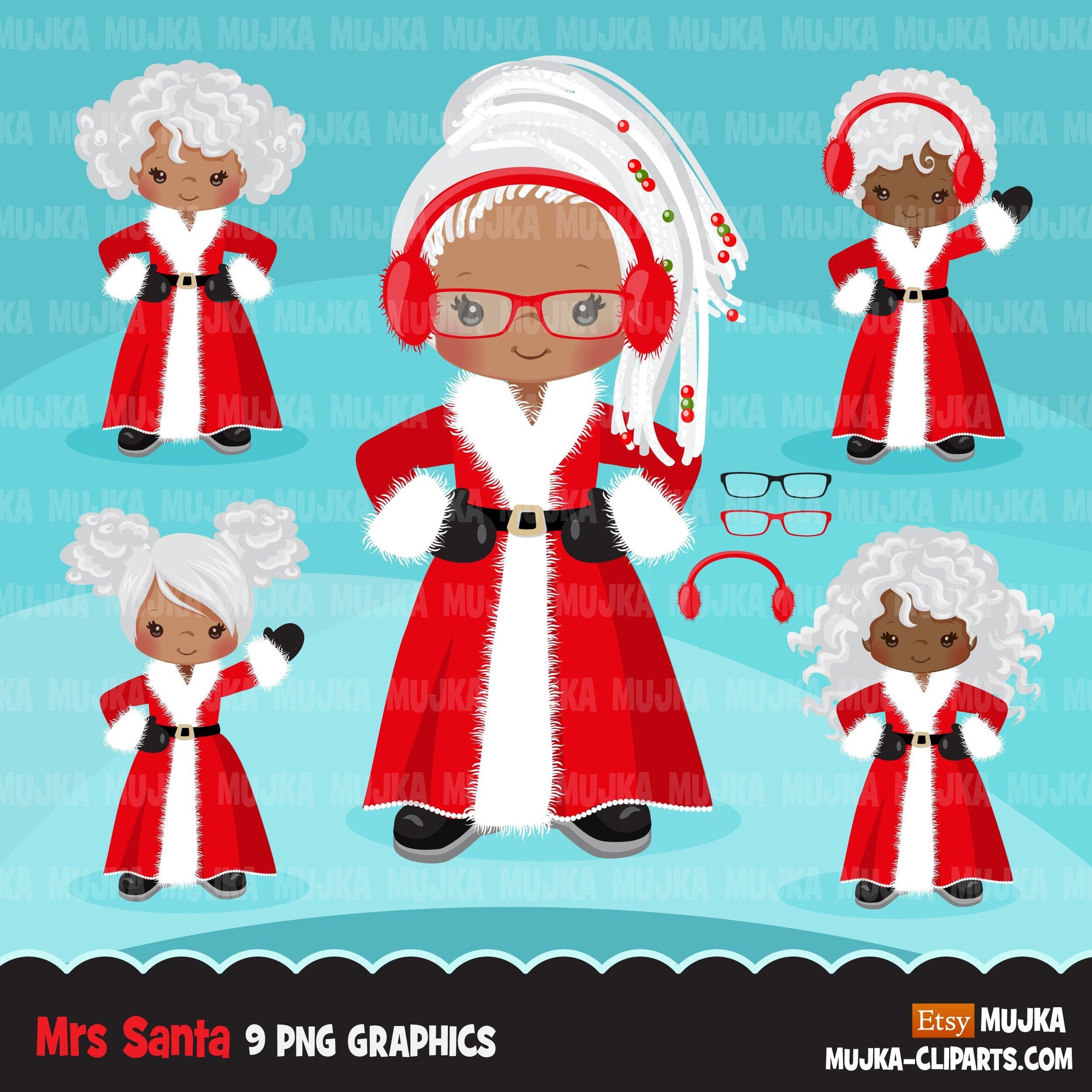 Black Mrs Santa Clipart, Christmas Graphics, Santa's wife, noel illustrations, scrapbooking, commercial use Holiday graphics