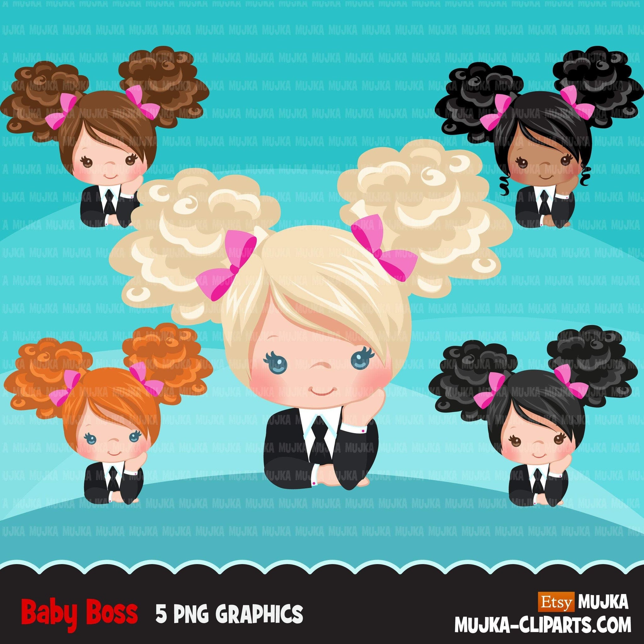 Boss baby clipart, toddler with business suit graphics, afro puff curly girls, commercial use clip art