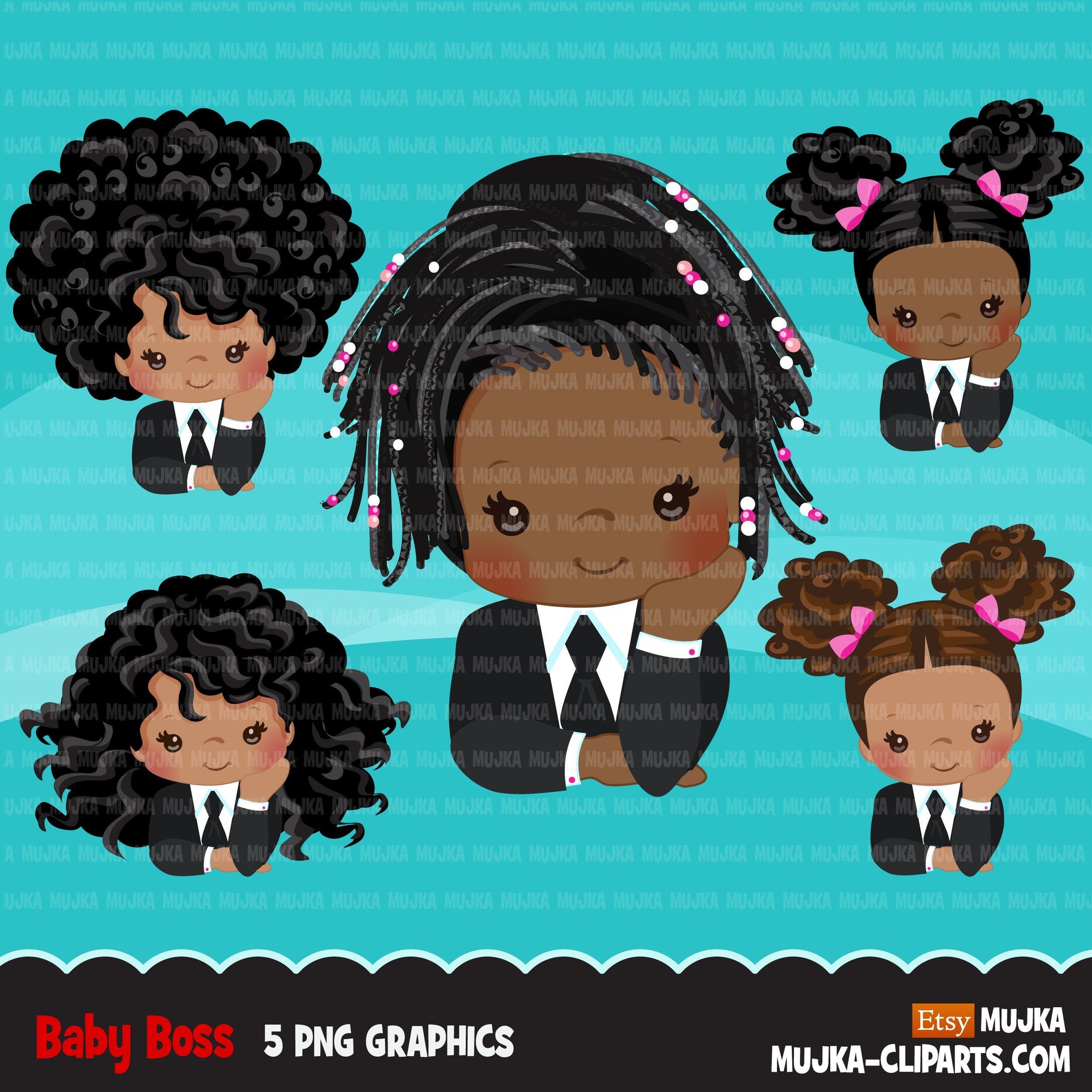 Clipart de bebê Black Boss, criança com gráficos de terno de negócio, meninas de cabelo afro encaracolado, clipart de uso comercial