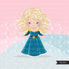 Princess clipart, fairy tale graphics, girls story book, dark blue princess dress, commercial use clip art