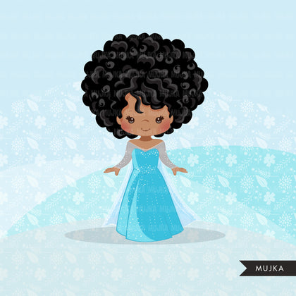 Black Princess clipart, fairy tale graphics, girls story book, light blue princess dress, commercial use clip art