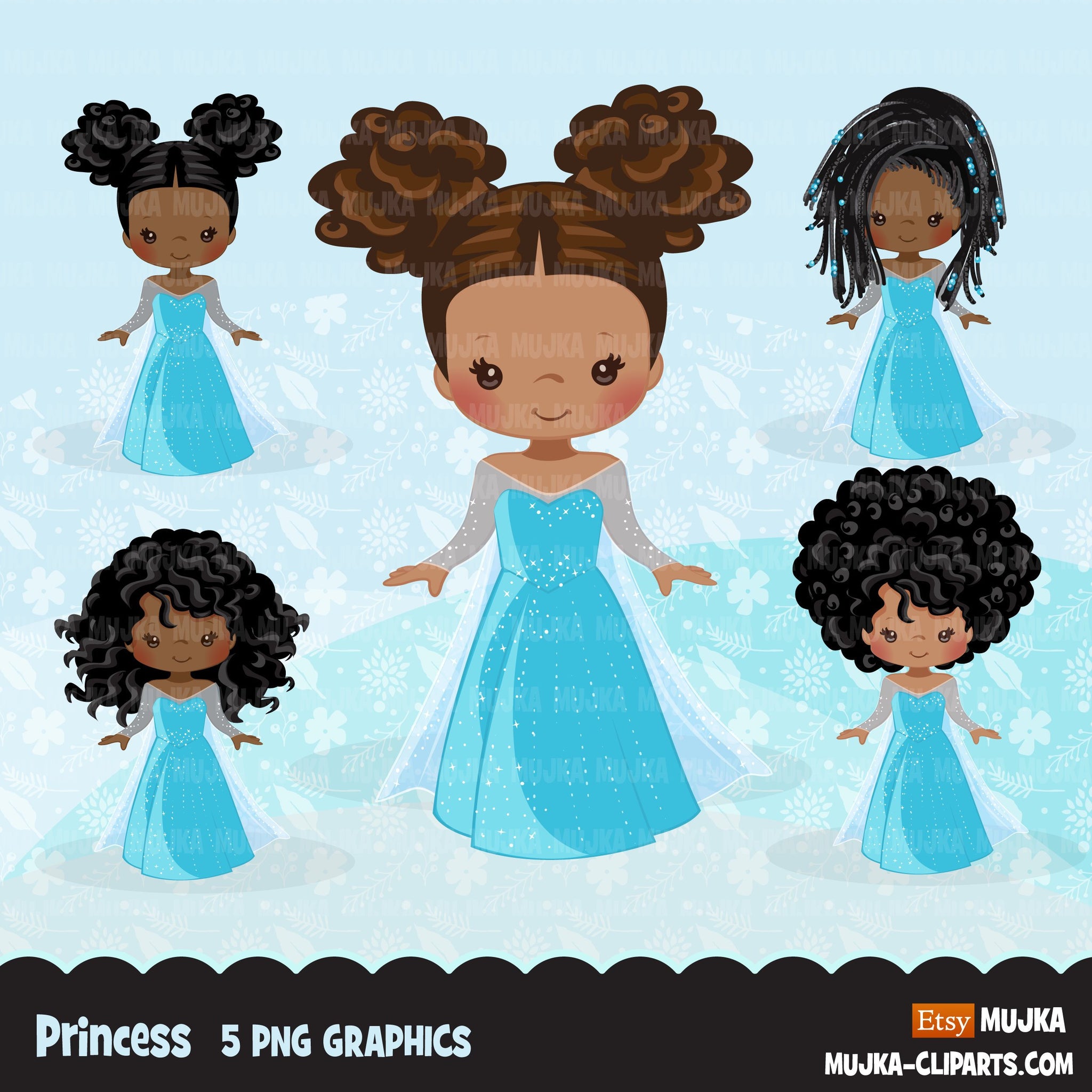 Clipart de princesa preta, gráficos de contos de fadas, livro de histórias para meninas, vestido de princesa azul claro, clipart de uso comercial