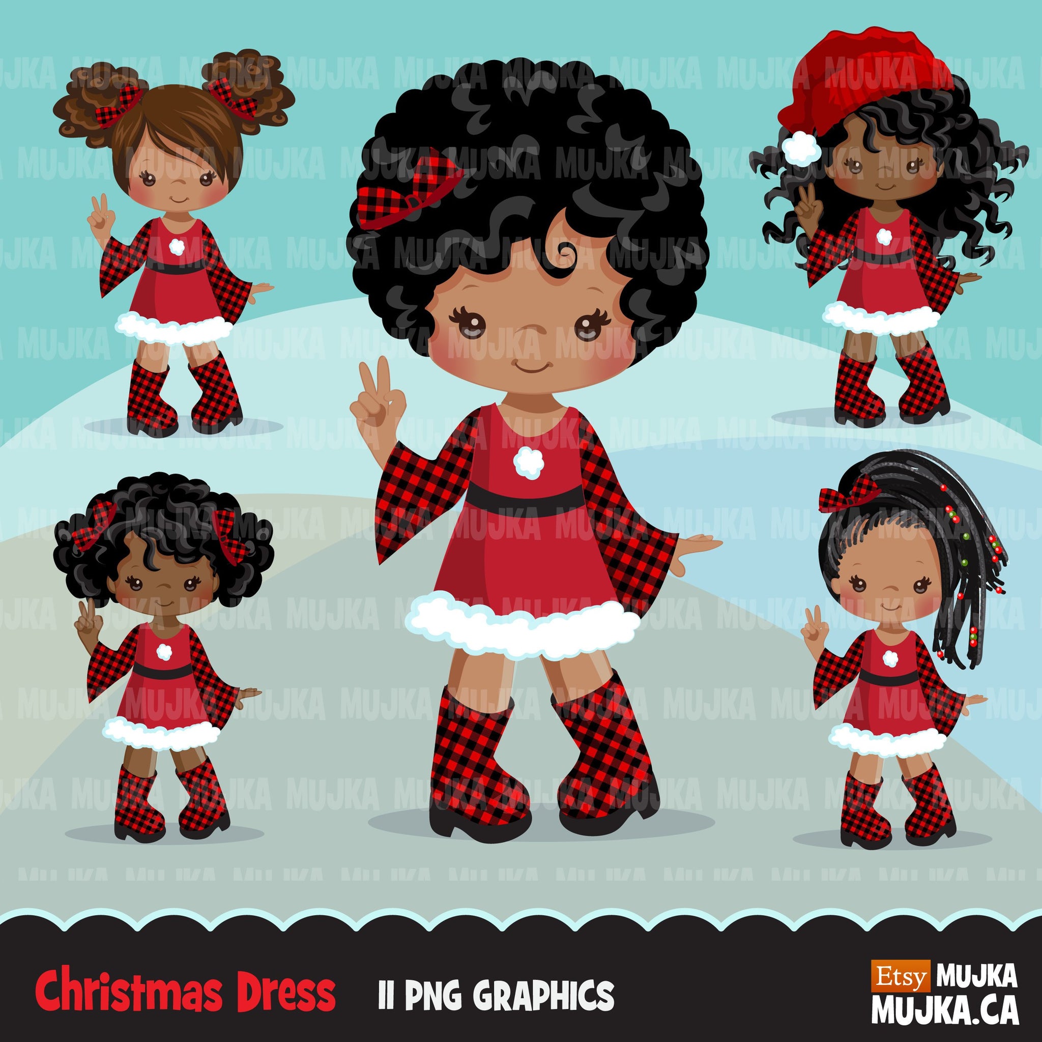 Christmas clipart, Santa little black girls with plaid dress, commercial use graphics, afro plaid