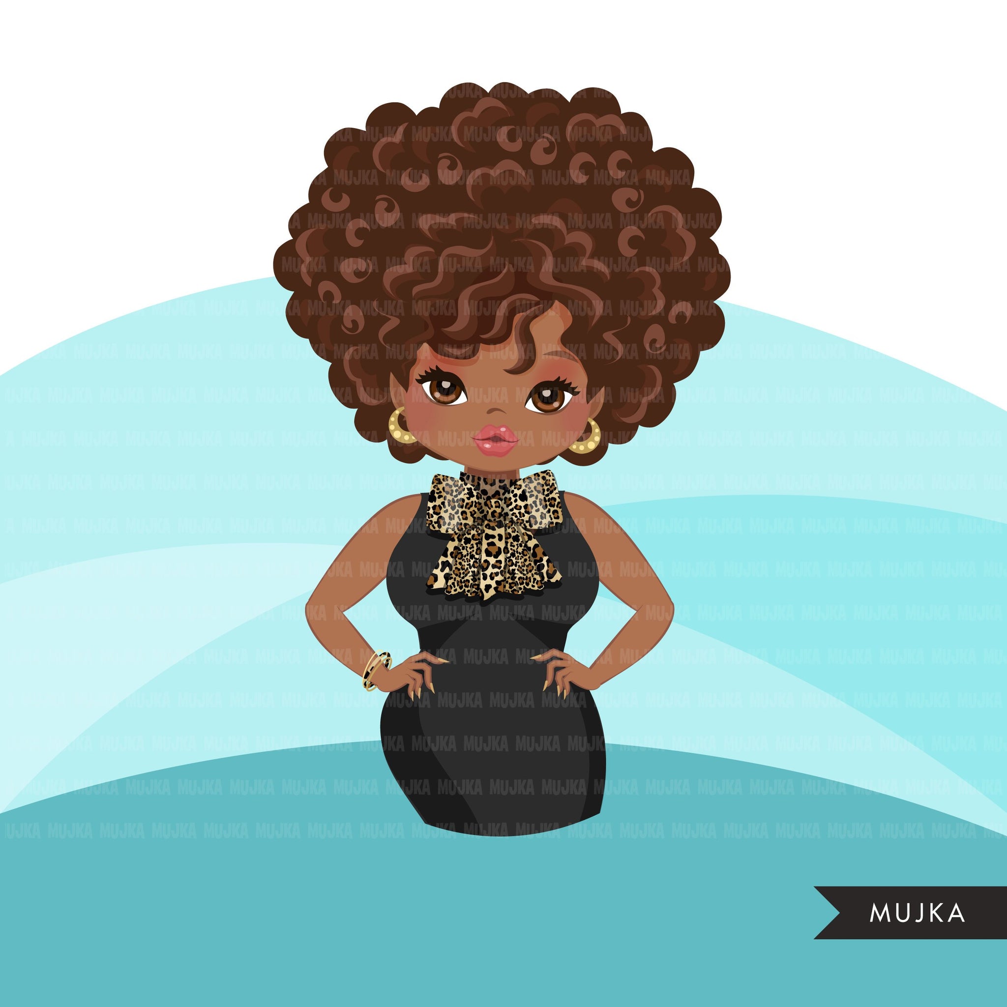 Black woman clipart avatar, ANKARA leopard print bow tie, fashion graphics shop logo boss afro girl clip art print and cut PNG