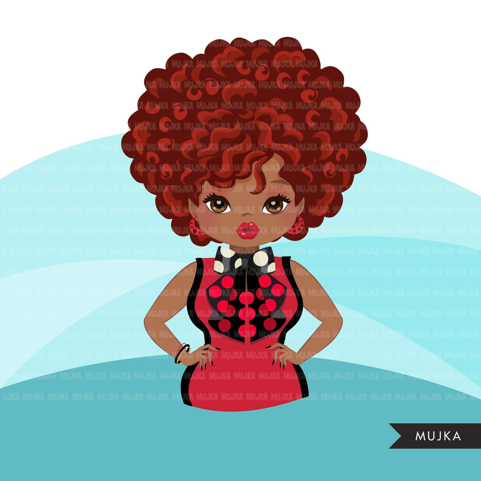 Black woman clipart avatar, Ankara polka dot print bow tie, fashion graphics shop logo boss afro girl clip art print and cut PNG