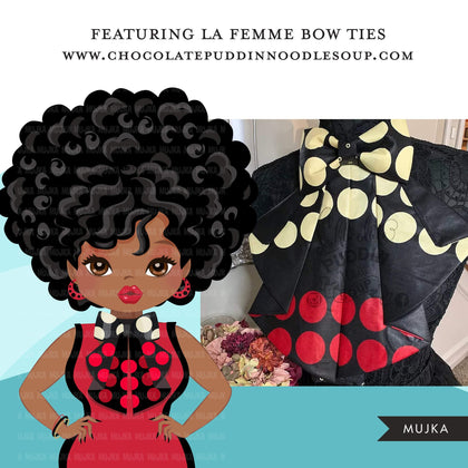 Black woman clipart avatar, Ankara polka dot print bow tie, fashion graphics shop logo boss afro girl clip art print and cut PNG