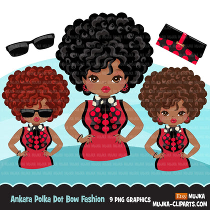 Black woman clipart avatar, Ankara polka dot print bow tie, fashion graphics shop logo boss afro girl clip art print and cut PNG