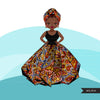 Black woman clipart avatar, Ankara kente African print mud cloth head wrap and skirt, fashion graphics girl clip art PNG