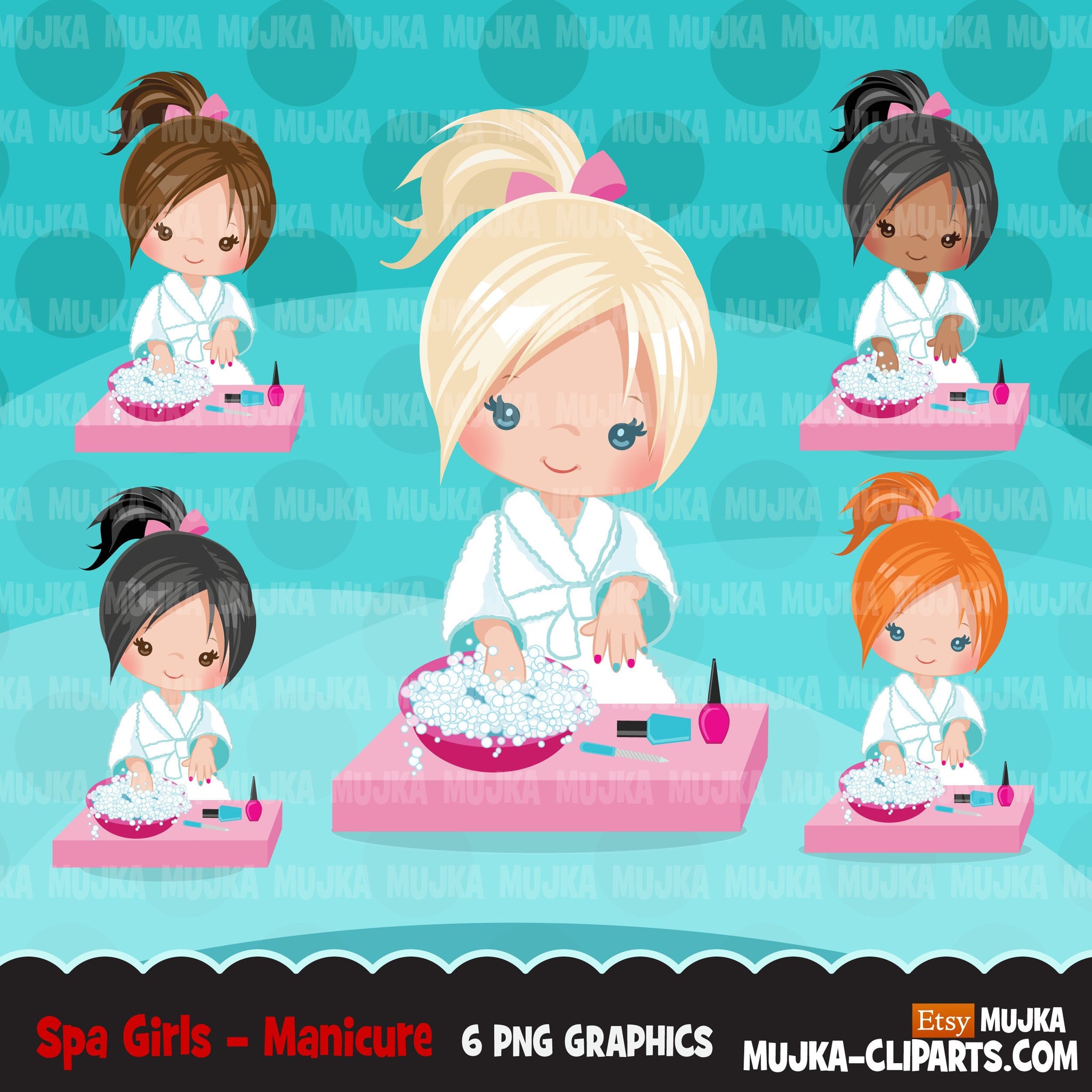 Spa clipart, manicure girl, bath, spa birthday party graphics nail polish, commercial use PNG  digital clip art