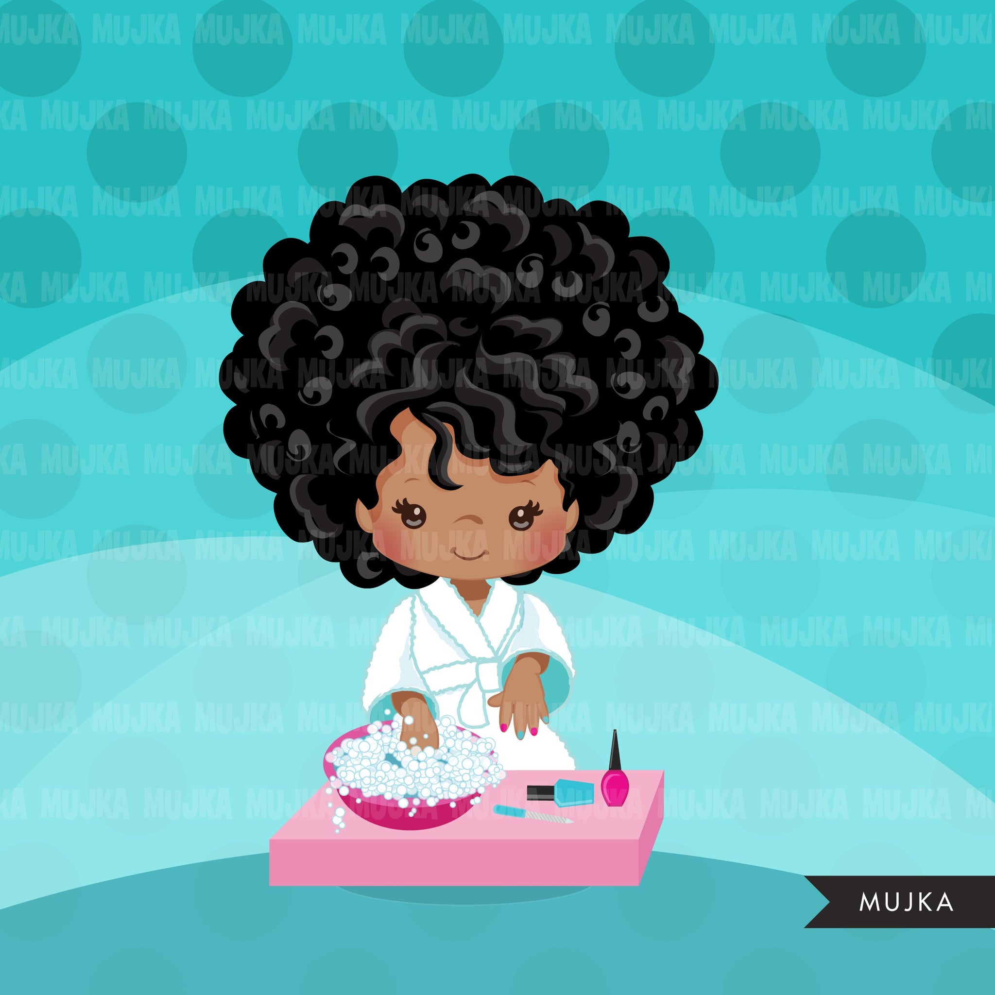 Spa clipart, manicure black girl, bath, spa birthday party graphics nail polish, commercial use PNG  digital clip art, afro kids