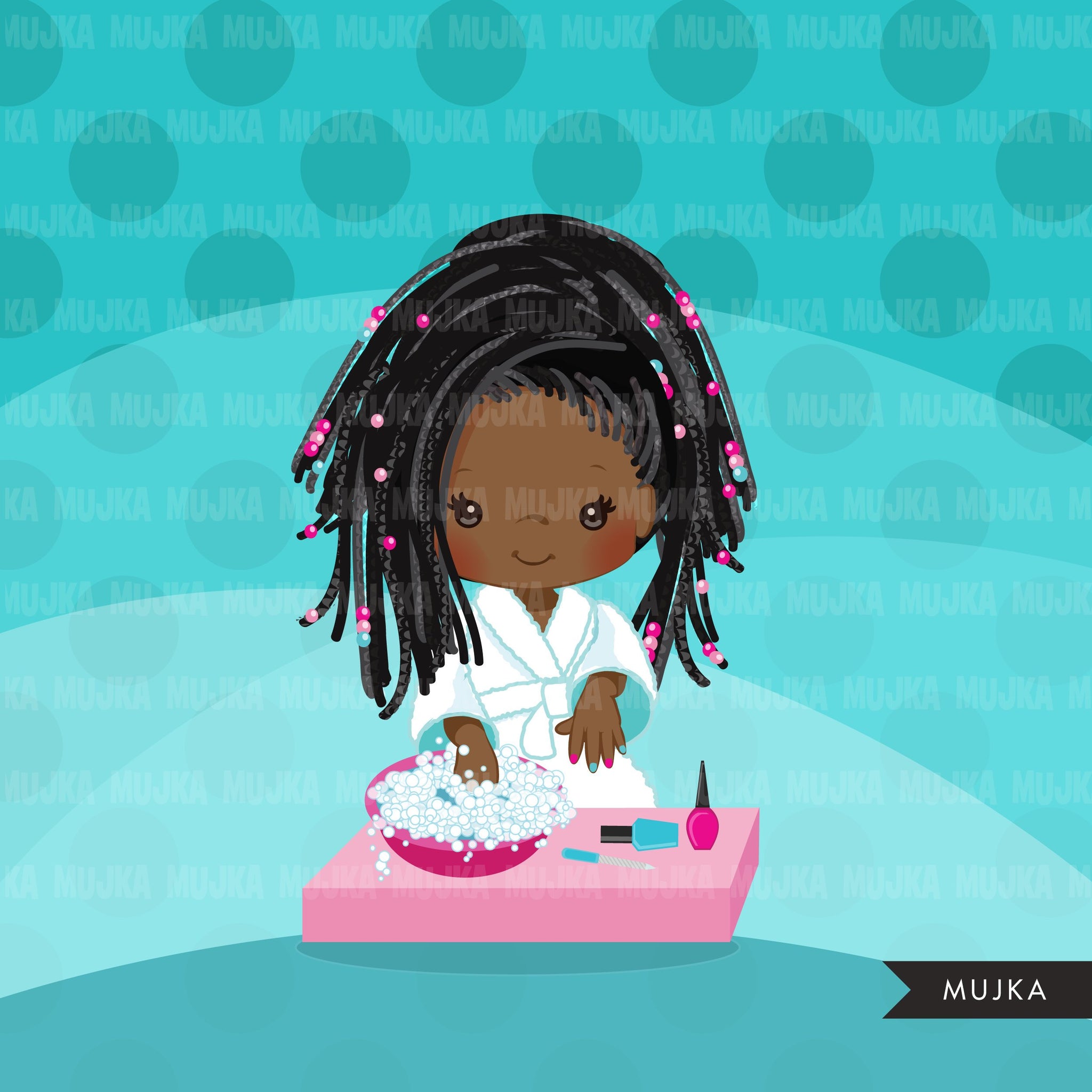 Clipart de spa, manicure garota negra, banho, gráficos de festa de aniversário de spa esmalte para unhas, uso comercial PNG digital clip art, crianças afro