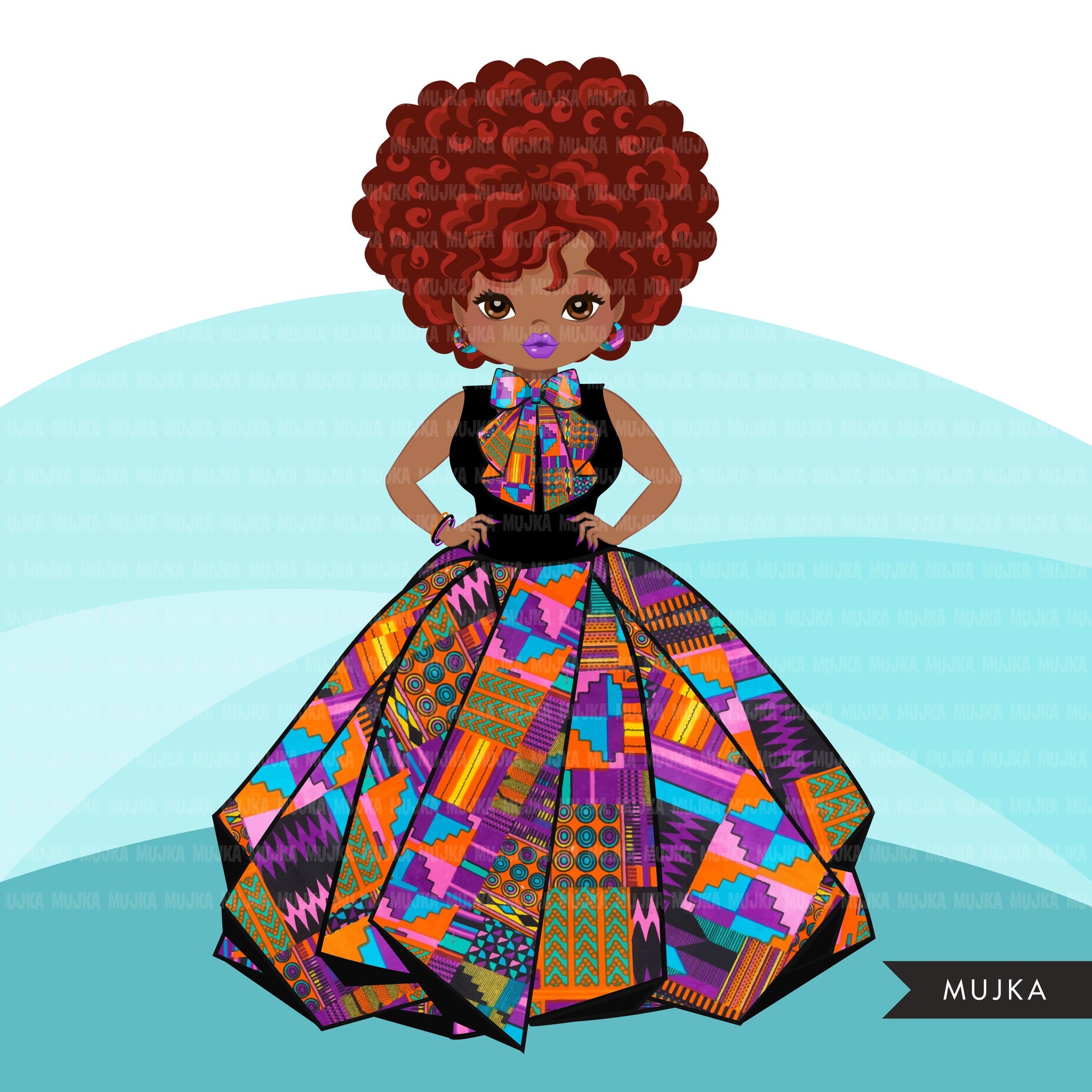 Black woman clipart avatar, Ankara kente multi-color print bow tie and skirt, fashion graphics shop logo boss afro girl clip art print and cut PNG