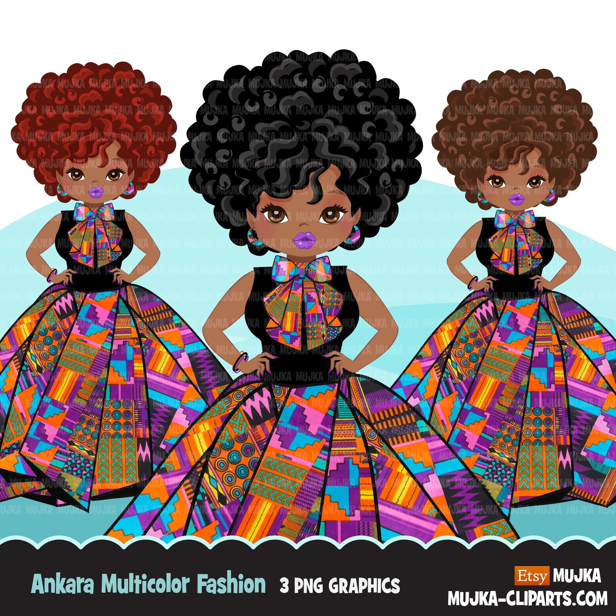 Black woman clipart avatar, Ankara kente multi-color print bow tie and skirt, fashion graphics shop logo boss afro girl clip art print and cut PNG