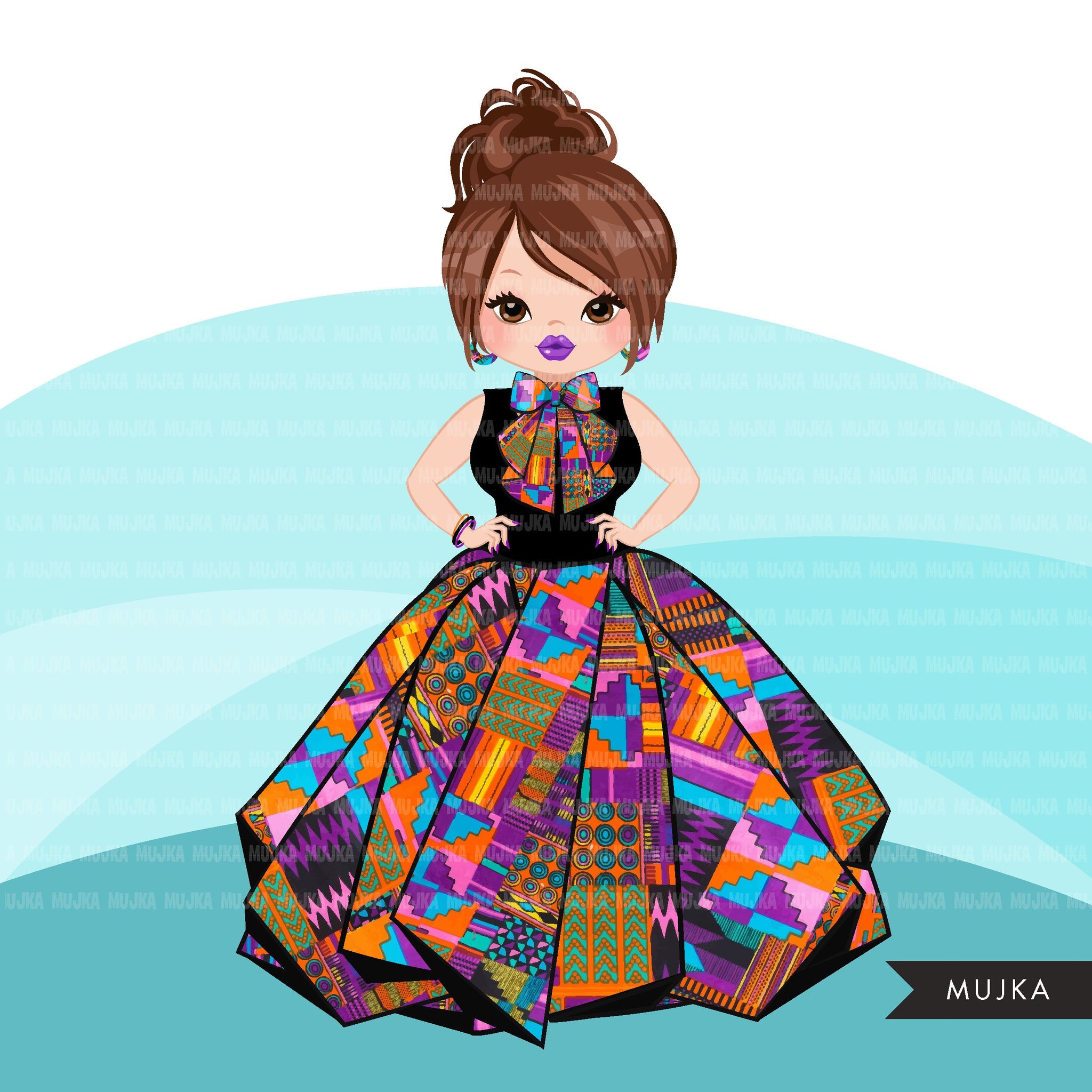 Woman clipart avatar, Ankara multi-color print bow tie and skirt, fashion graphics shop logo boss girl clip art print and cut PNG