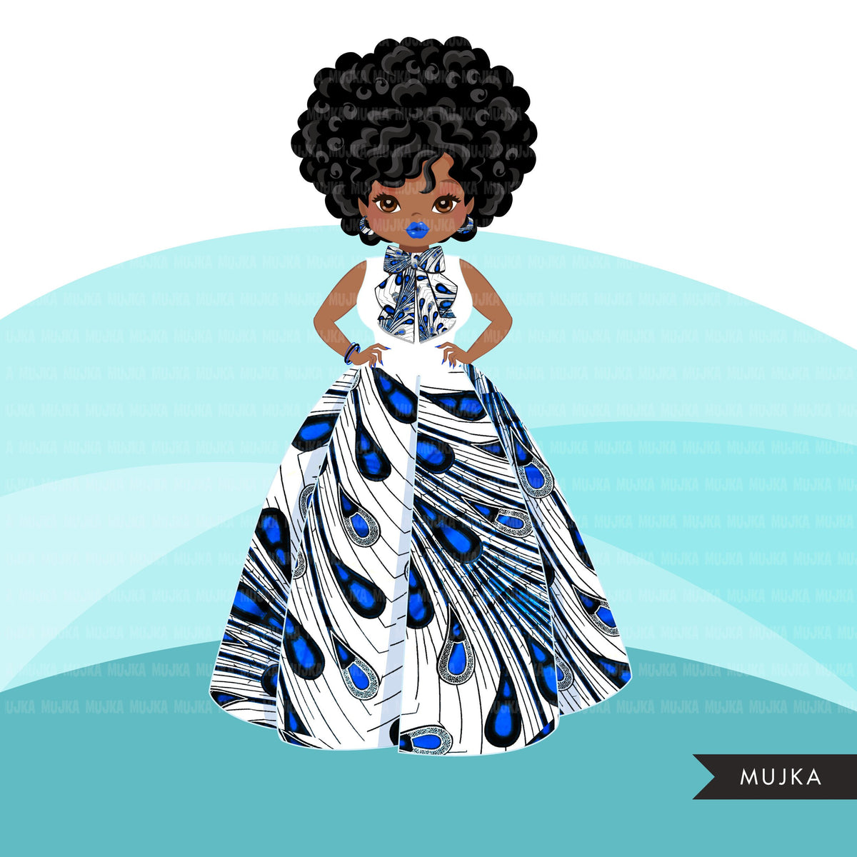 Black woman clipart avatar, Ankara peacock print bow tie and skirt, fa ...