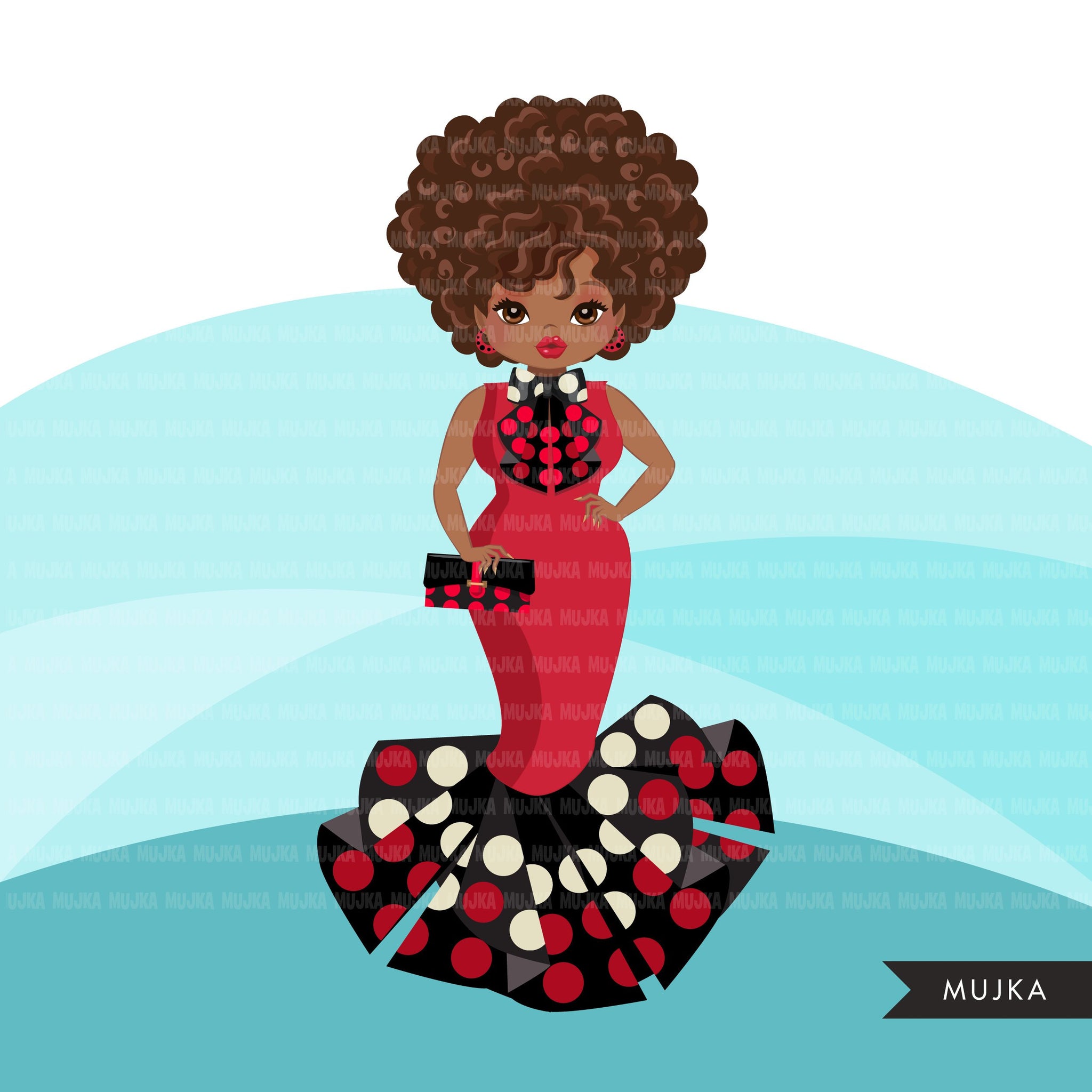 Avatar de clipart de mulher negra, vestido com estampa de bolinhas de Ancara e gravata borboleta, gráficos de moda chefe afro girl clip art impressão e corte png