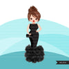 Fancy woman clipart avatar, Black Ruffle dress, fashion graphics, sweet sixteen, graduation, bachelorette party  girl clip art PNG