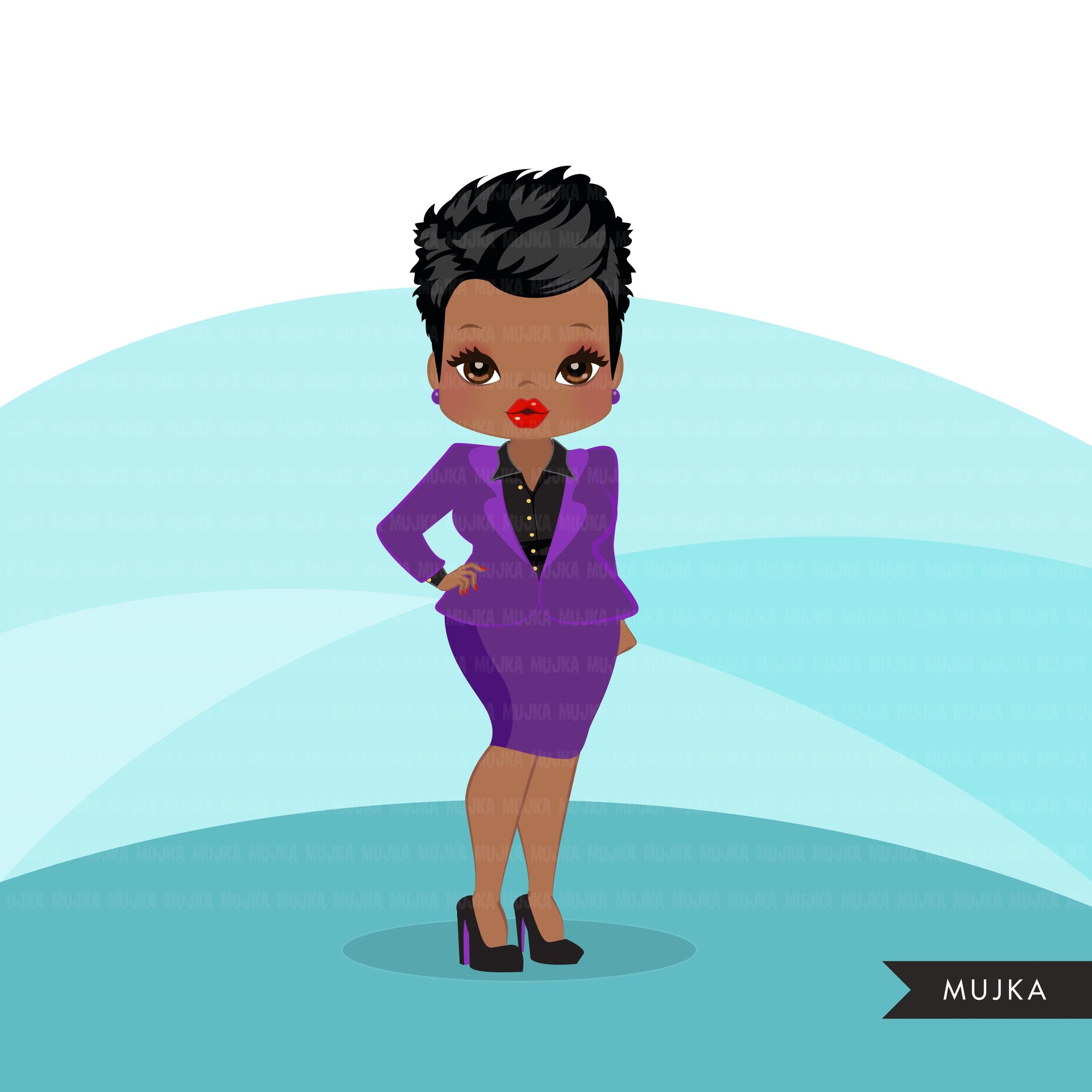 Afro woman clipart with purple business suit, briefcase and glasses black girl graphics, print and cut sublimation clip art