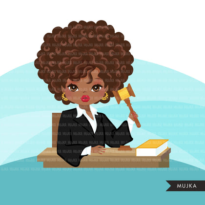 Afro Woman Judge avatar clipart with gavel and law book, print and cut, justice black girl clip art, court of law