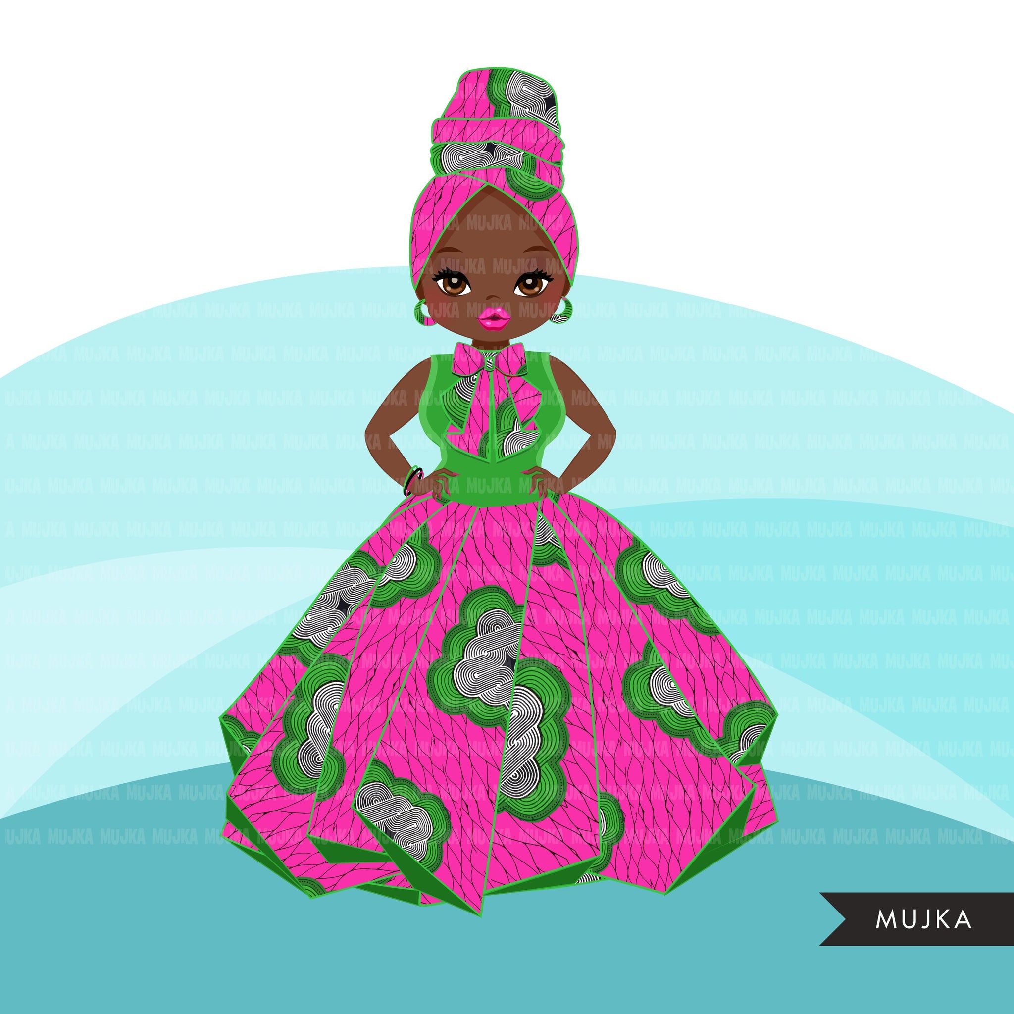 Black woman clipart avatar, Ankara Pink & Green print bow tie and skir MUJKA CLIPARTS Black woman clipart avatar, Ankara Pink & Green print bow tie and skir MUJKA CLIPARTS