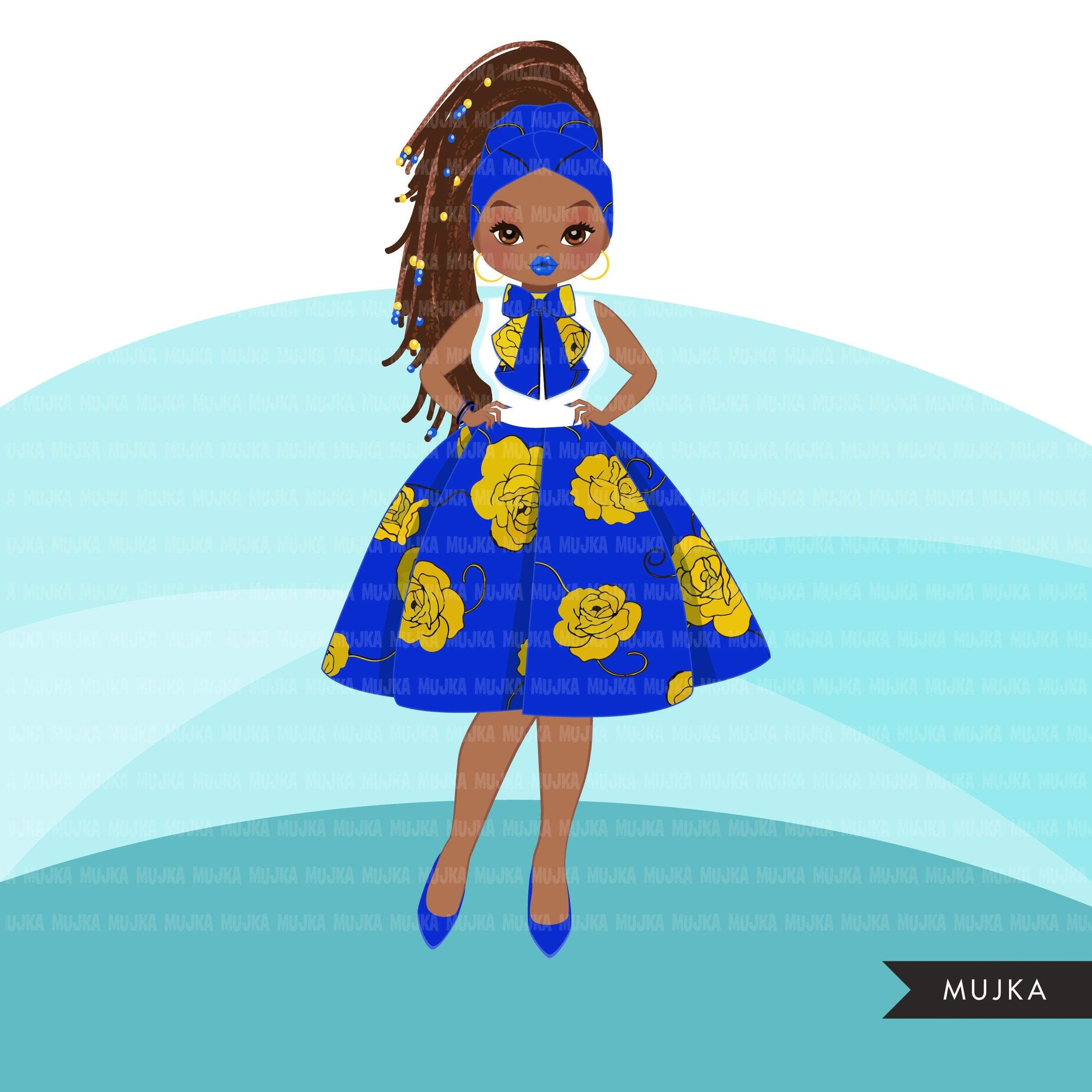 Black woman clipart avatar, Ankara Royal Blue Yellow print bow tie and skirt, fashion graphics sorority SIGMA boss afro girl clip art PNG head wrap