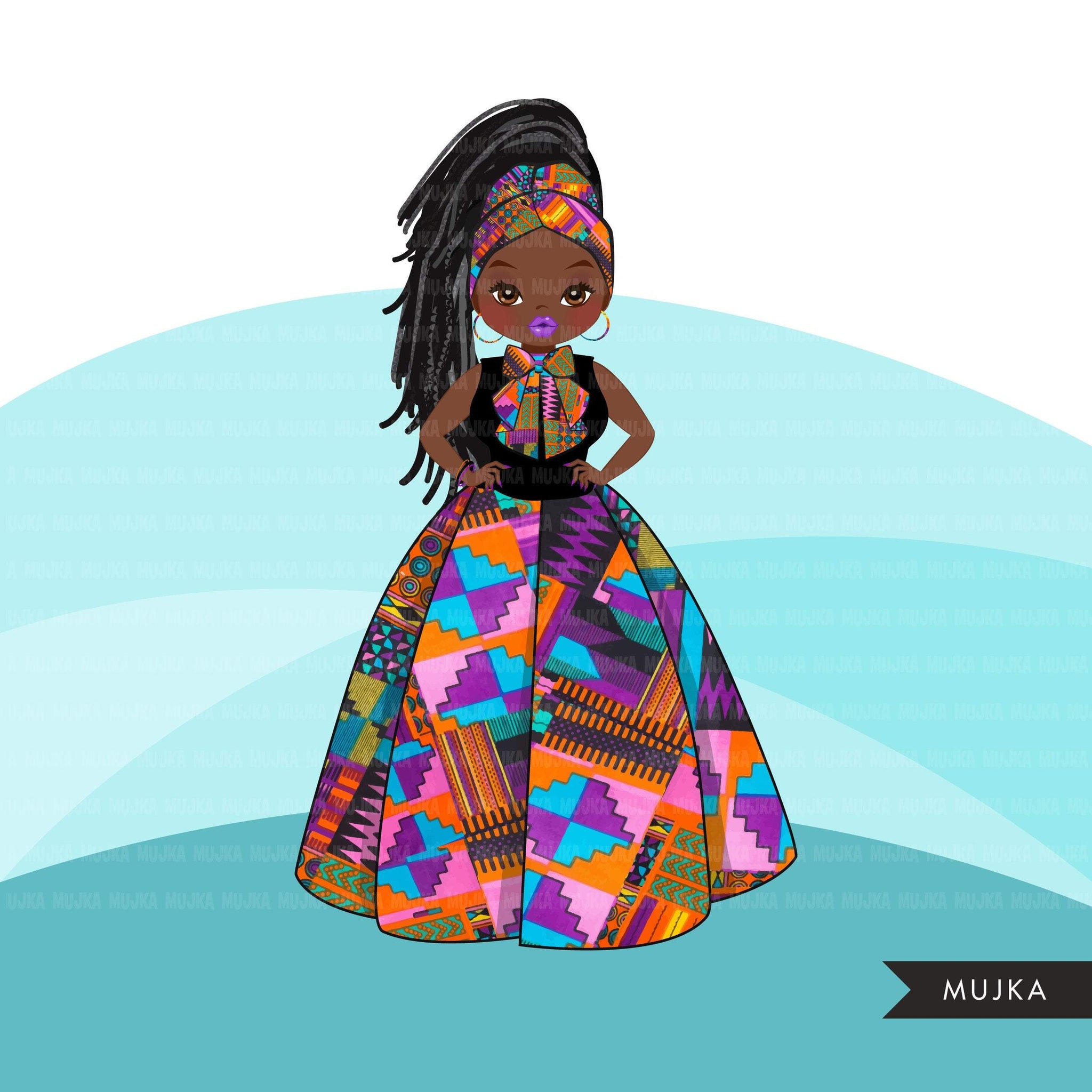 Black woman clipart avatar, Ankara kente multi-color print bow tie and skirt, fashion graphics head wrap braids girl clip art PNG