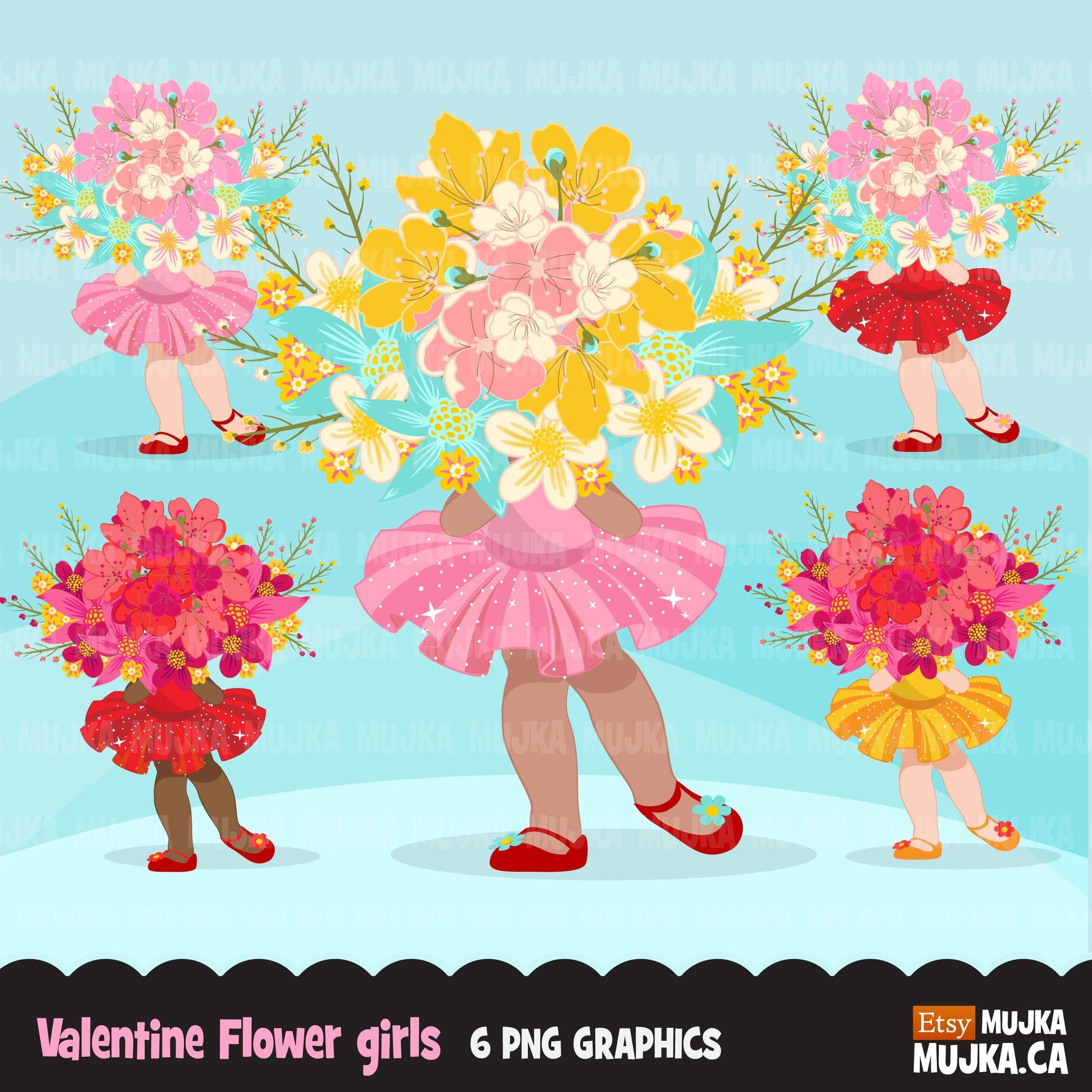 Imágenes prediseñadas de la niña de las flores del Día de San Valentín, niñas de tutú rosa con gráficos de ramo de flores, imágenes prediseñadas de uso comercial