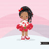 Imágenes prediseñadas de chica negra de flores del Día de San Valentín, chicas afro de tutú rojo con gráficos de ramo de flores, imágenes prediseñadas de San Valentín de uso comercial