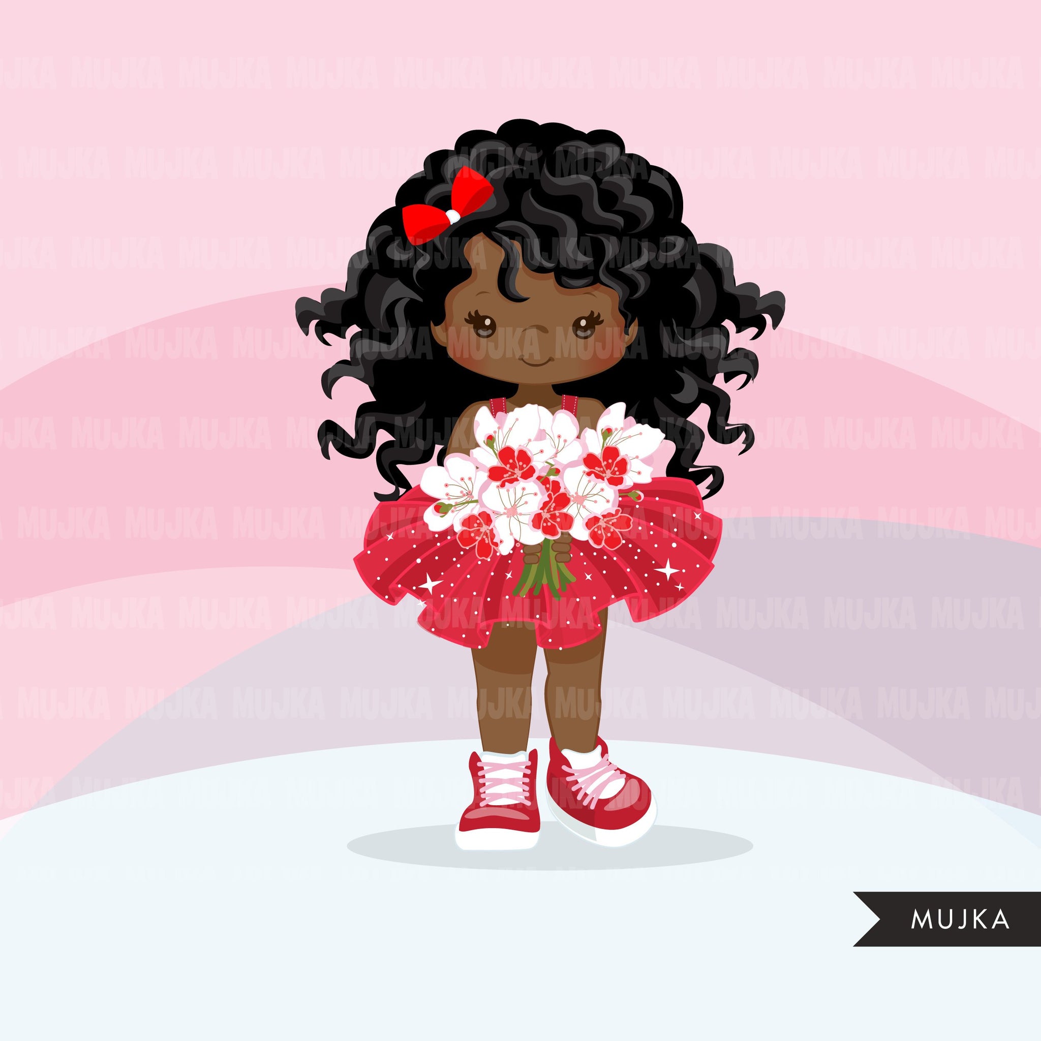 Imágenes prediseñadas de chica negra de flores del Día de San Valentín, chicas afro de tutú rojo con gráficos de ramo de flores, imágenes prediseñadas de San Valentín de uso comercial