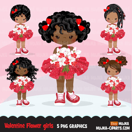 Valentine's Day flower black girl clipart, red tutu afro girls with a flower bouquet graphics, commercial use valentine clip art