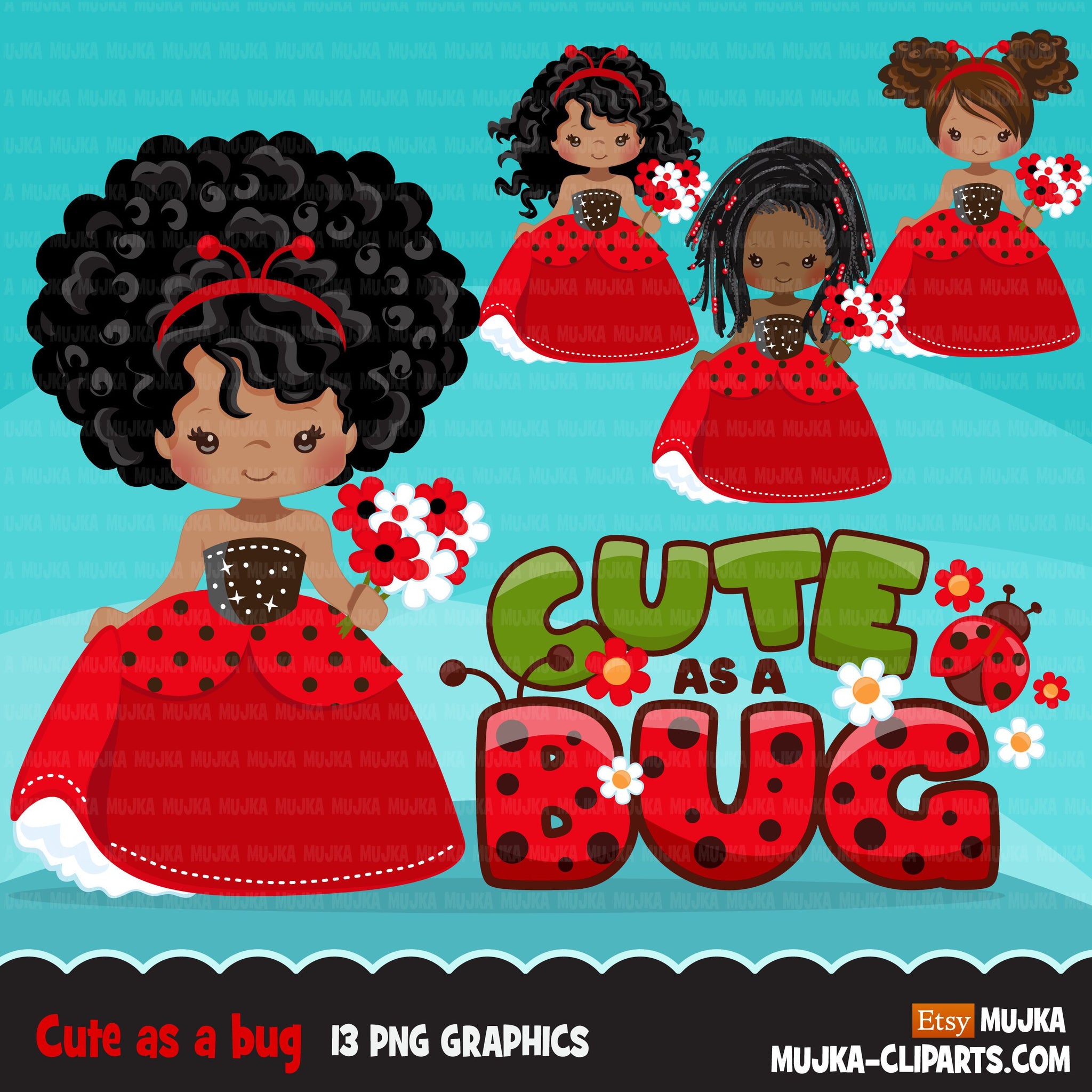 Ladybug Clipart, Black Princess, fairy tale graphics, girls with flowers, easter, spring, cute as a bug, commercial use clip art