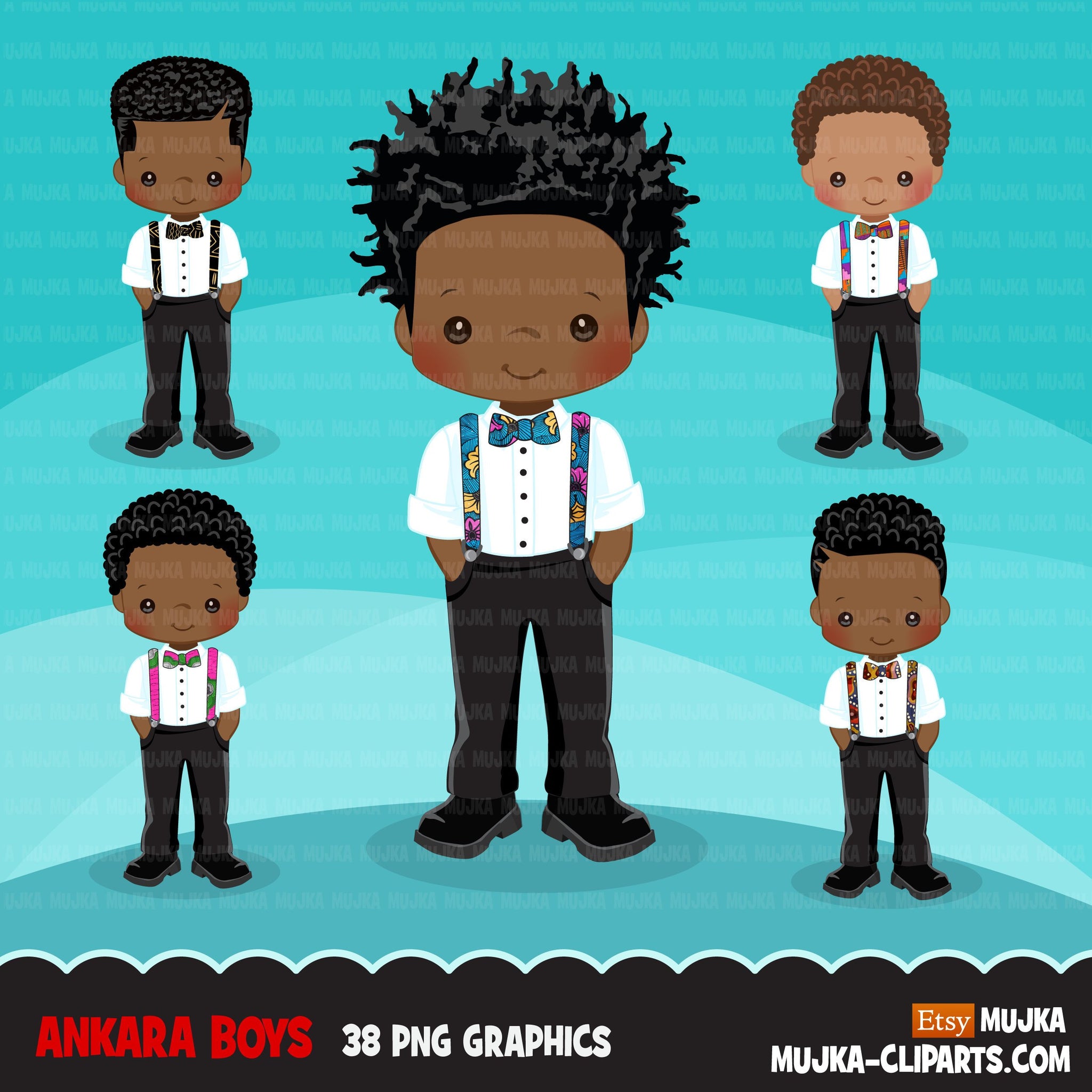 Black Boy clipart avatar, Ankara print bow tie suspenders, african fabric, black history graphics afro boy clip art PNG, mother's day MOM