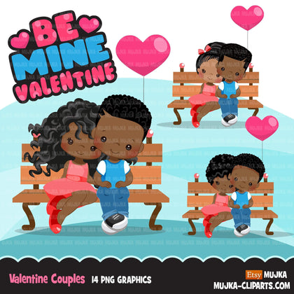 Valentine's Day Clipart, Cute Valentine black kids, couples sitting on a bench, be mine valentine graphics, commercial use clip art